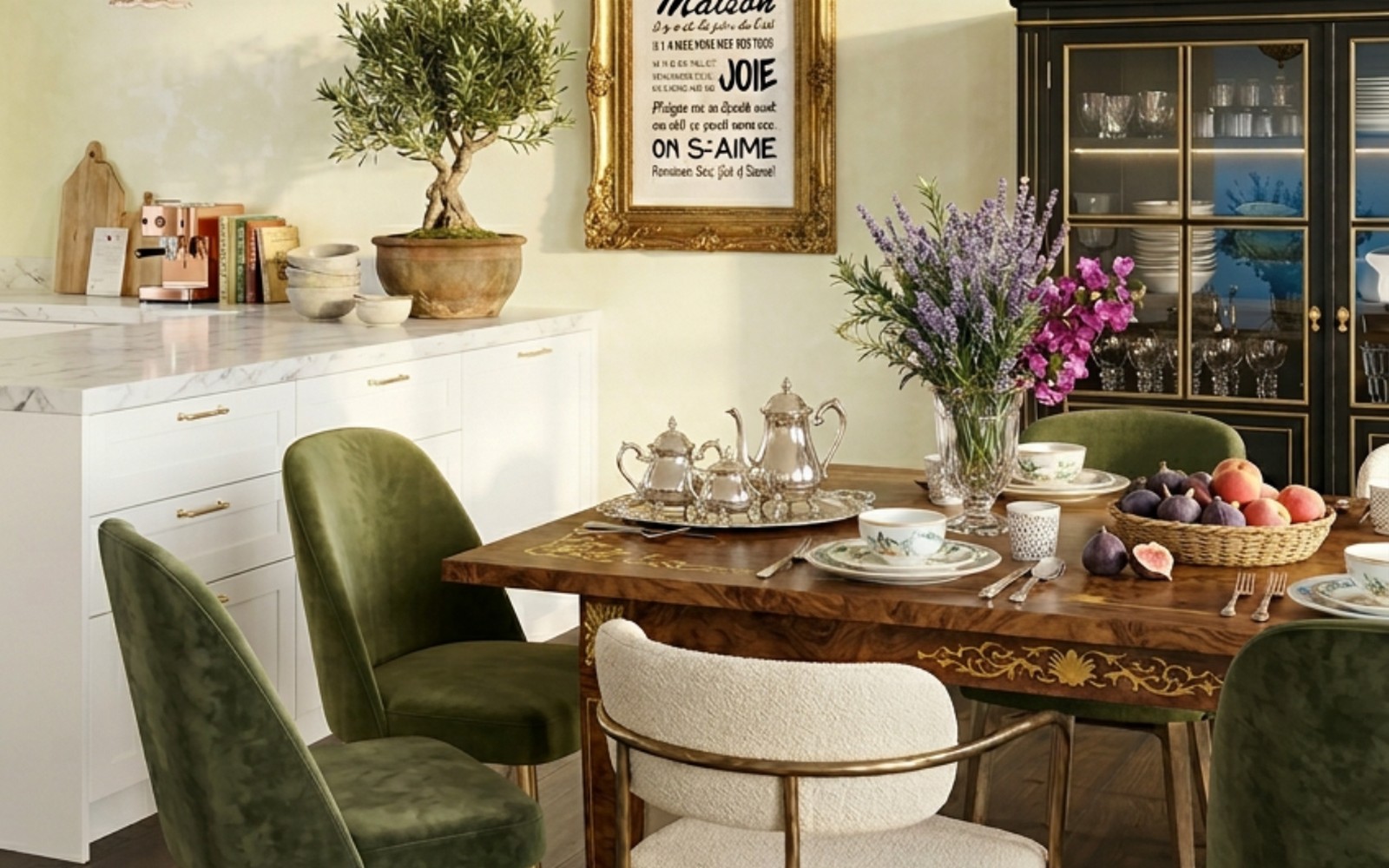 Luxury dining room with dark plank flooring and green velvet chairs