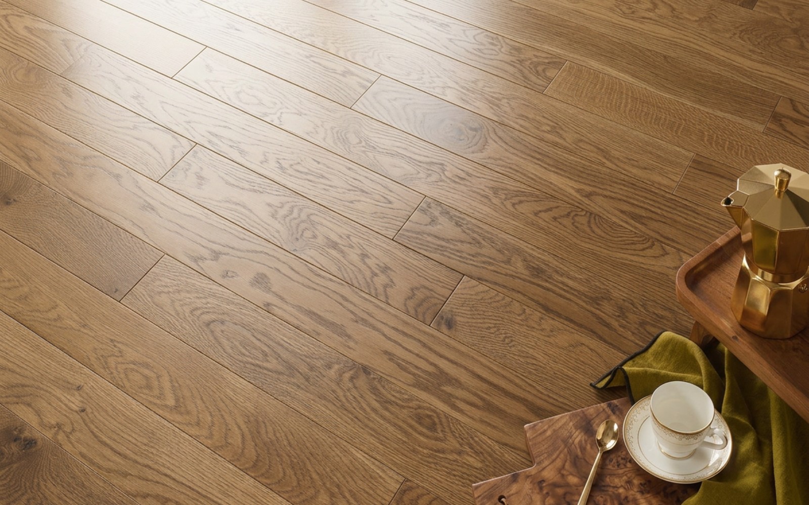 Warm plank close-up with brass coffee setting